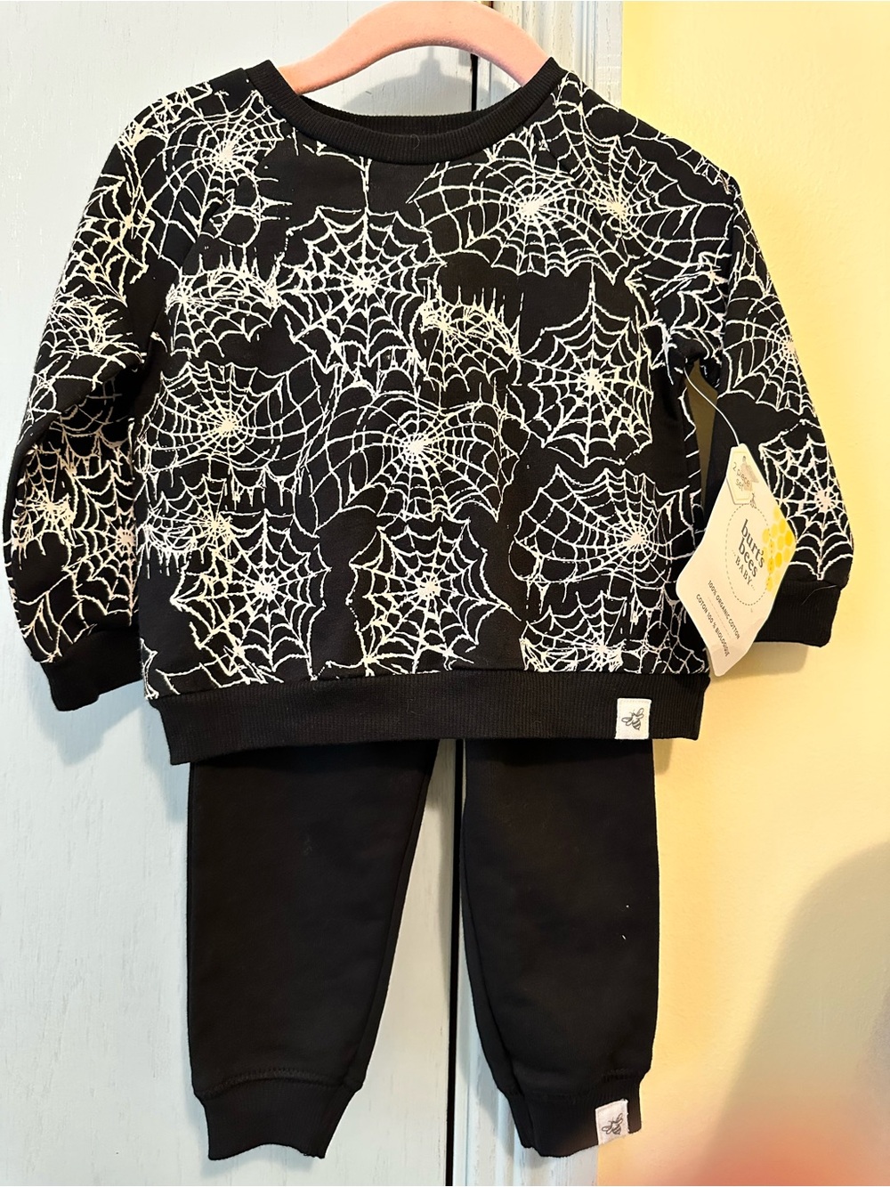 Burt's Bees Baby Halloween Black Sweatshirt & Pants Spiderweb Set
